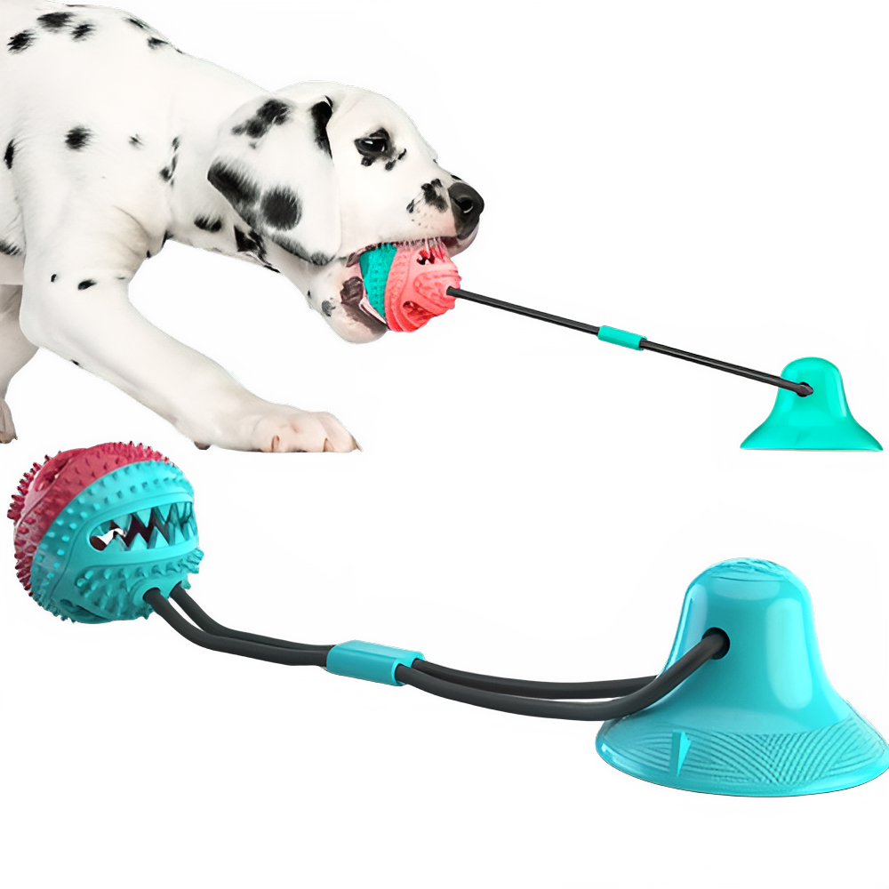 « Jouet interactif à ventouse pour chien - Vue principale avec distributeur de friandises intégré »