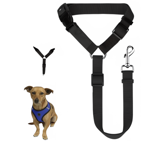 « Ceinture de sécurité auto pour chien 2-en-1 - Vue principale montrant la laisse ajustable en nylon »